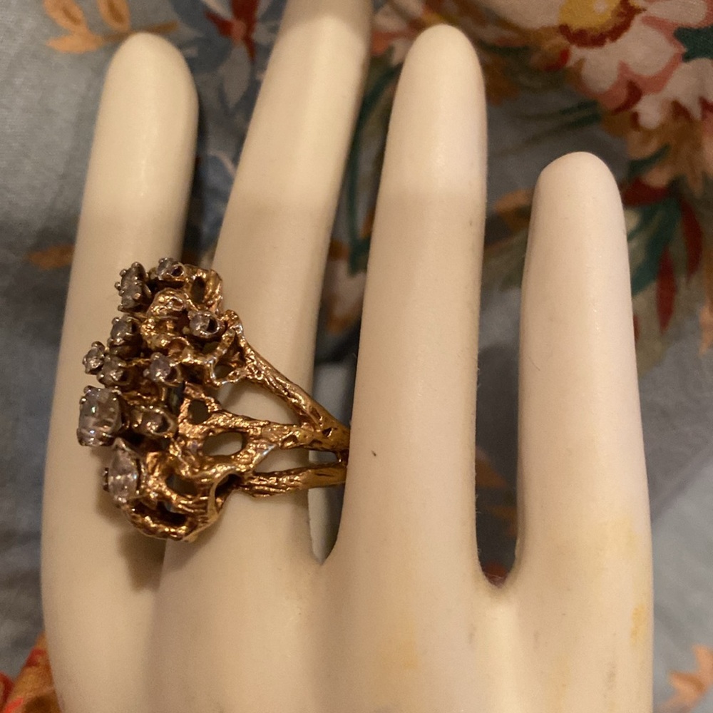 Gold filagree nugget ring 13 diamonds elegant 14kt gold - Picture 3 of 6